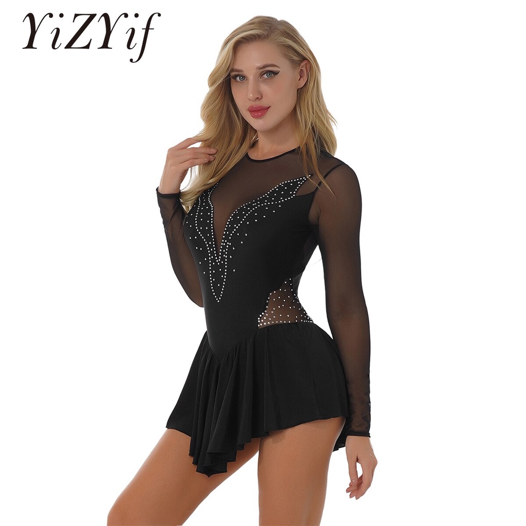 IMPORT Women Adults Lyrical Dance Costumes Long Sleeves Backless Ice Skating Leotard Dress