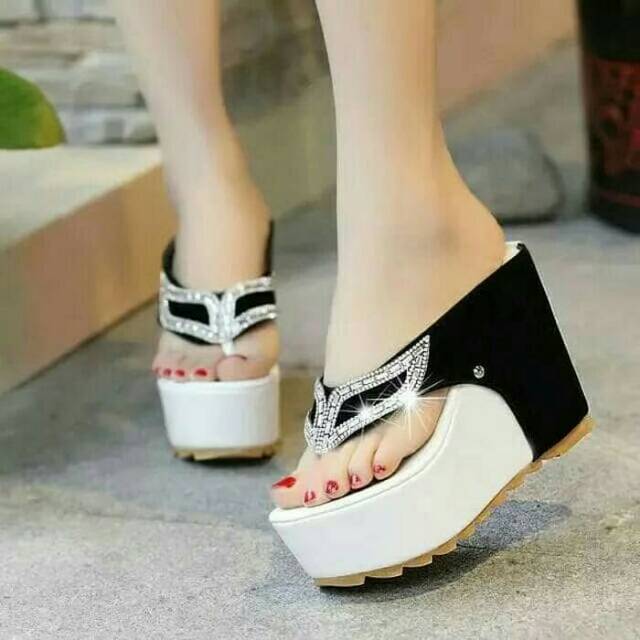 SANDAL WEDGES WANITA TINGGI 12 CM SEXY NYAMAN PUTIH LACE FOX