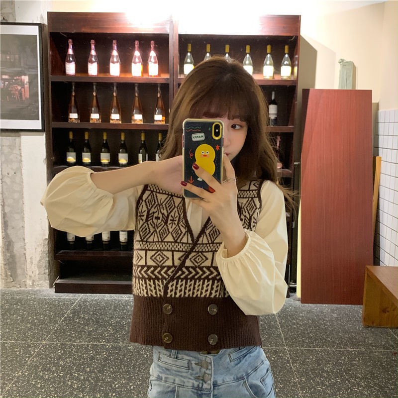 Korea Tanpa lengan longgar v-neck Rompi Keausan luar sweater rajutan rompi Wanita