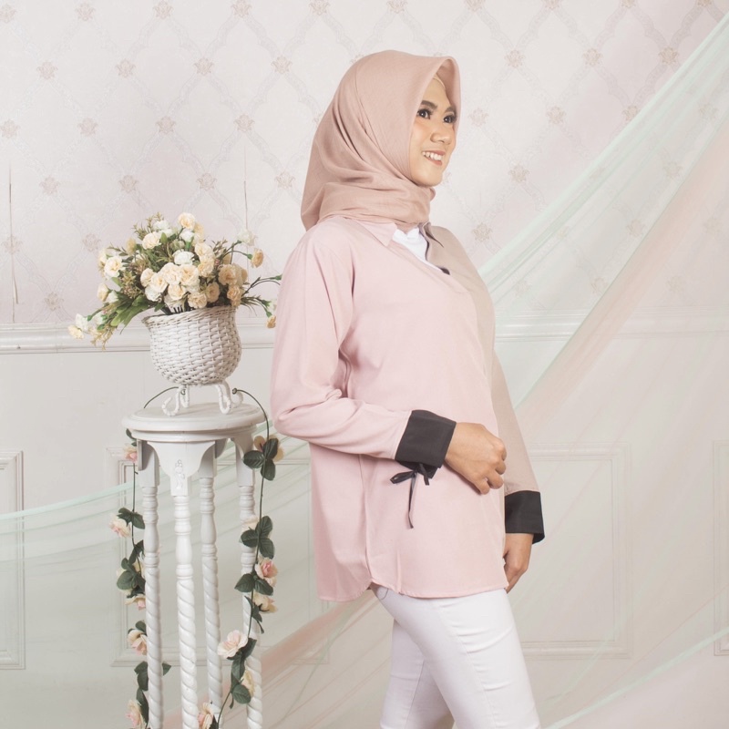 Nouri Avani Kemeja Blouse Soft Mocca baby Pink Crepe Premium