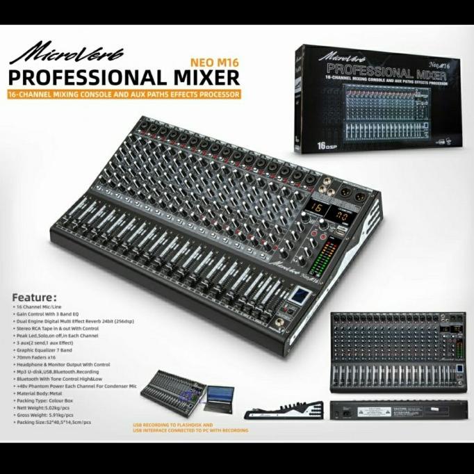 MIXER AUDIO MICROVERB NEO M16 16CH USB-BLUETOOTH RECORDING-SOUND CARD