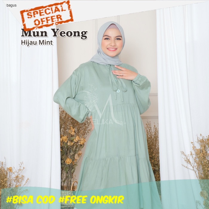 Baju TUNIK / DRESS WANITA KOREA MOTIF MUN YEONG HIJAU MINT