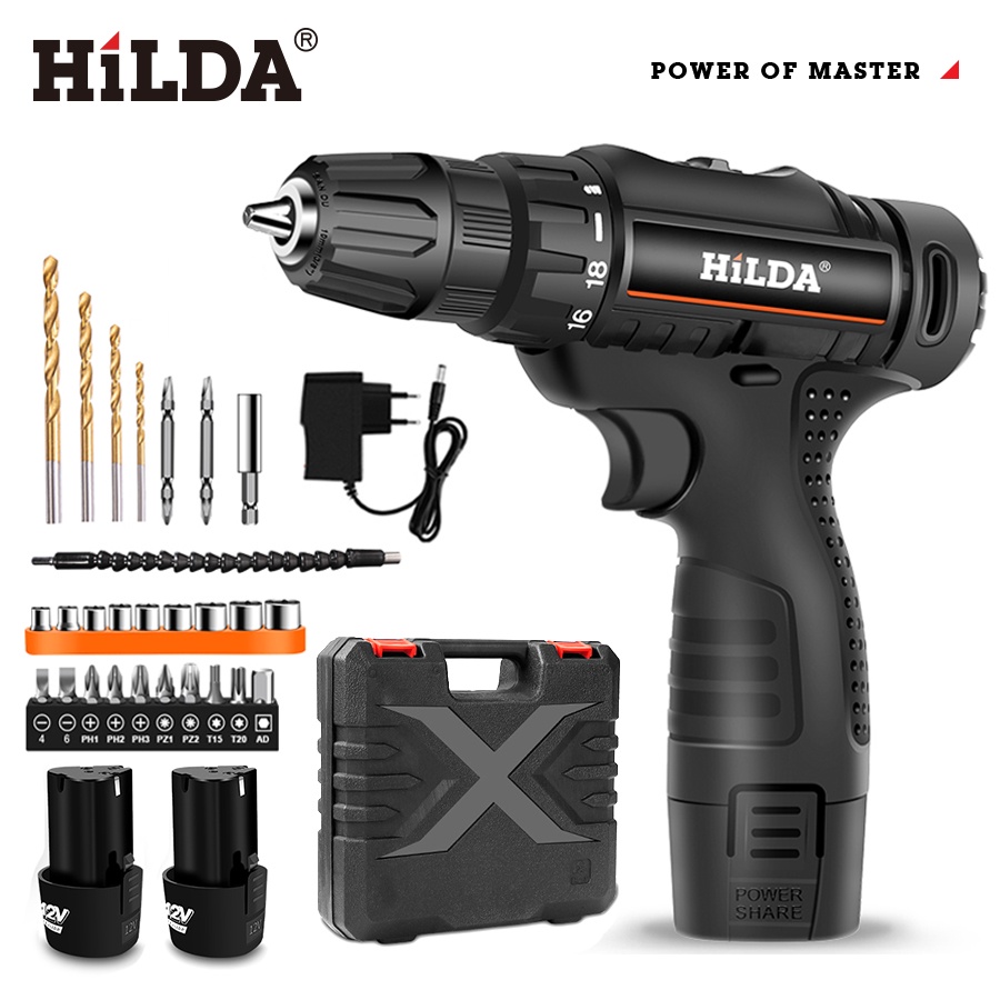 HILDA Mesin Bor Baterai Tangan Cordless Drill 12V Obeng Mata Bor Set Bor Obeng Baterai Charger