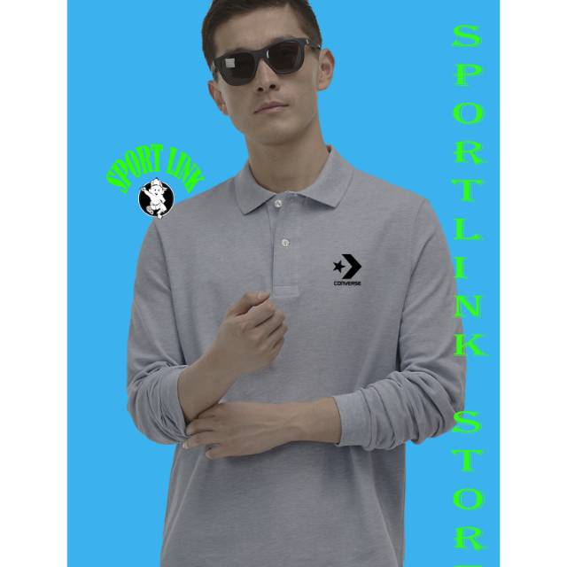 Kaos polo shirt kaos kerah lengan panjang Converse grey baju pria dan wanita