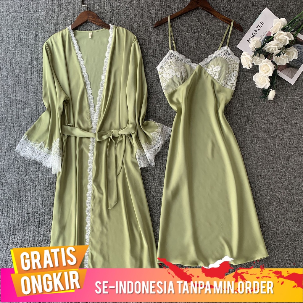 Piyama Wanita  New Suspender Baju Tidur Lengan Panjang Baju Tidur Dua Potong Sexy  Piyama perpanjang