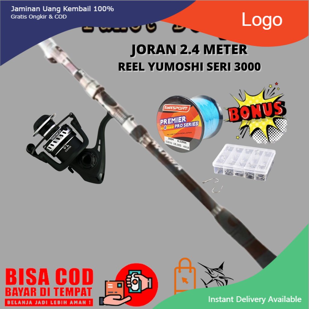 Set Pancing Joran Dan Rel Pinggir Laut Joran Mamba 2.4 Meter Rell YUMOSHI LT3000 Reel Pancing Spinni