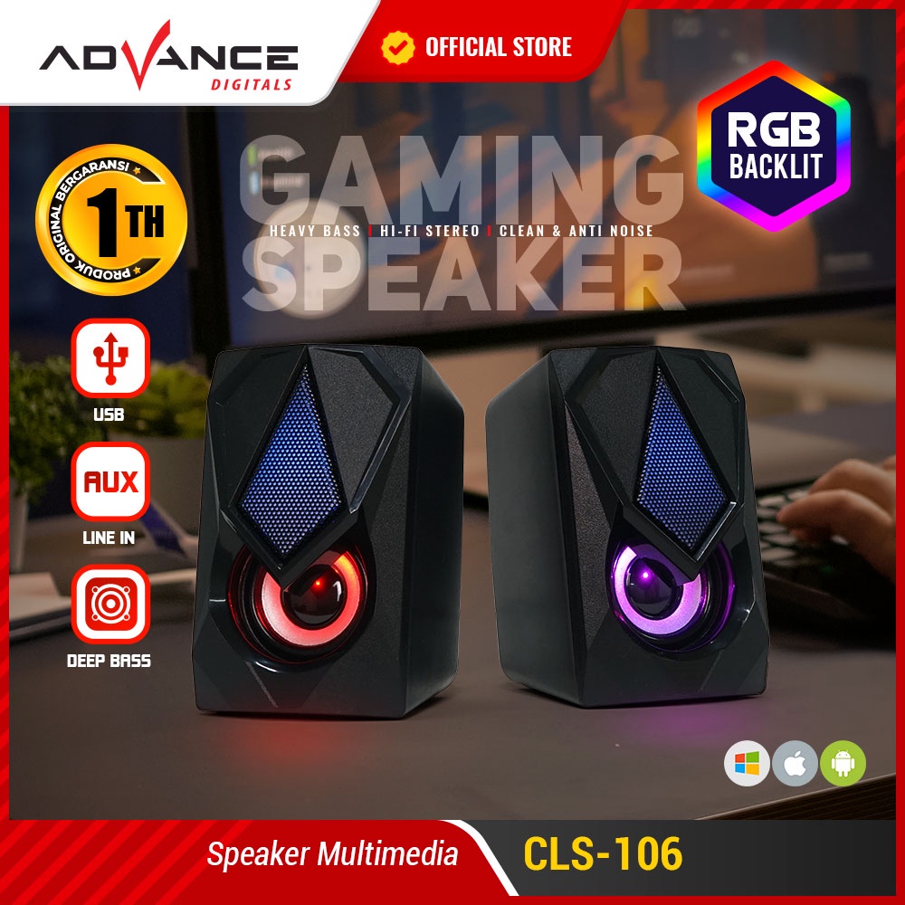 Advance Koneksi laptop mungkin Speaker Gaming RGB Led CLS-106 RGB Gaming Speaker Dual Speaker Garansi Resmi 1 Tahun pembicara kecil.