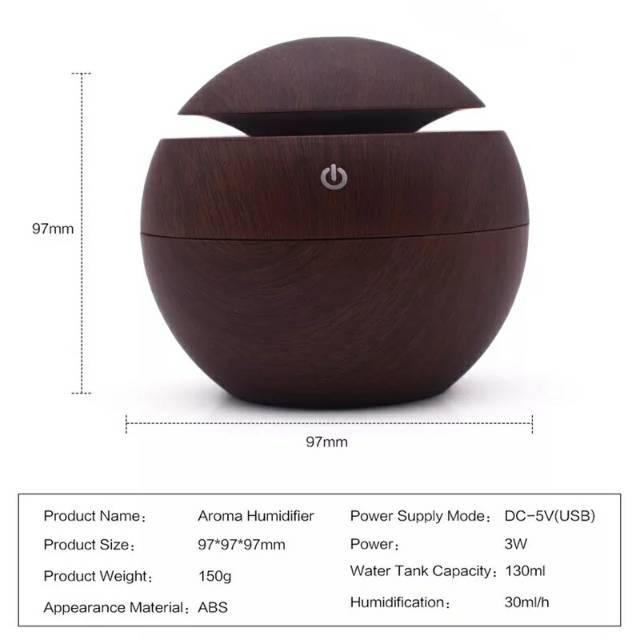 HUMIDIFIER DIFFUSER PURIFIER PELEMBAB PENGHARUM UDARA RUANGAN KAPASITAS KECIL 130ml BULAT WOODEN LED