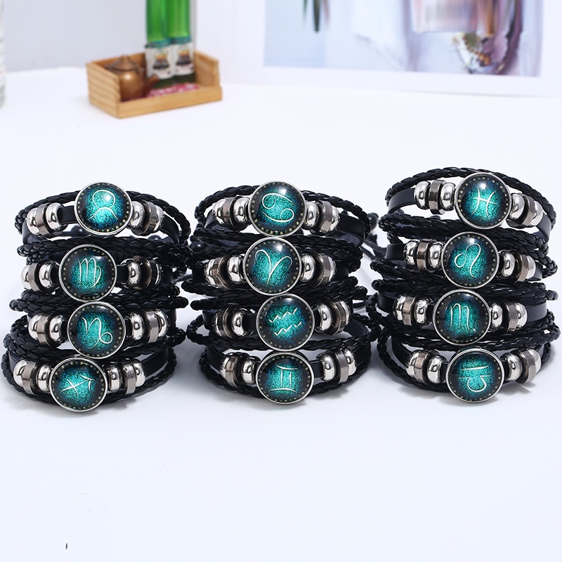 2022 Gelang Tangan Tali Kulit Motif 12 Rasi Bintang Glow In The Dark Untuk Pria / Wanita