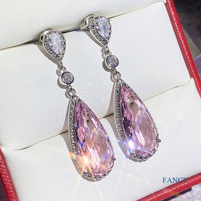 Anting Tusuk Gantung Hias Cubic Zirconia Warna Pink Gaya Mewah Untuk Wanita