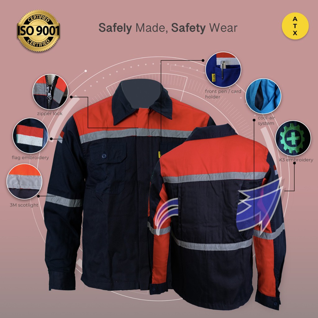 Wearpack Atasan Kemeja Safety Baju Safety Merah Kombinasi Navy Merk ATX