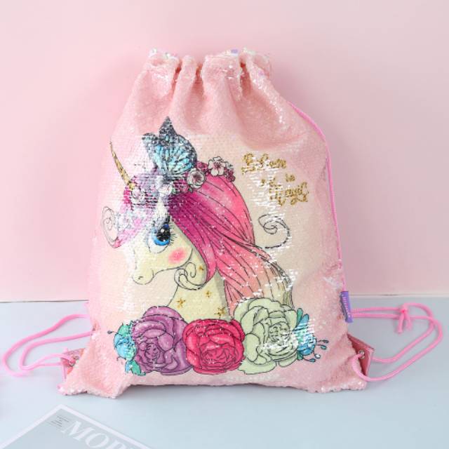 TAS SERUT MOTIF UNICORN / MERMAID REVERSE SEQUIN STRING BAG (SEQUIN BISA BOLAK BALIK) IMPORT BAGUS