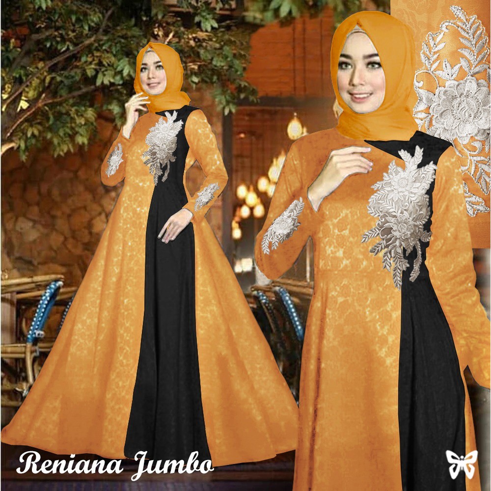 Maxi Gamis Pesta RENIANA L - 5XL Baloteli Emboss Motif Bordir Bunga Mewah Terbaru-Mustard Hitam