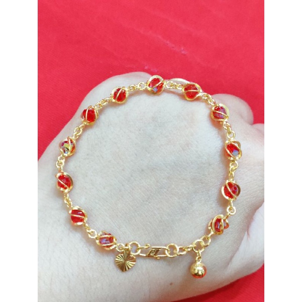 GELANG DEWASA PERAK 925 LAPIS EMAS 24K MODEL KRISTAL MERAH DALAM SANGKAR