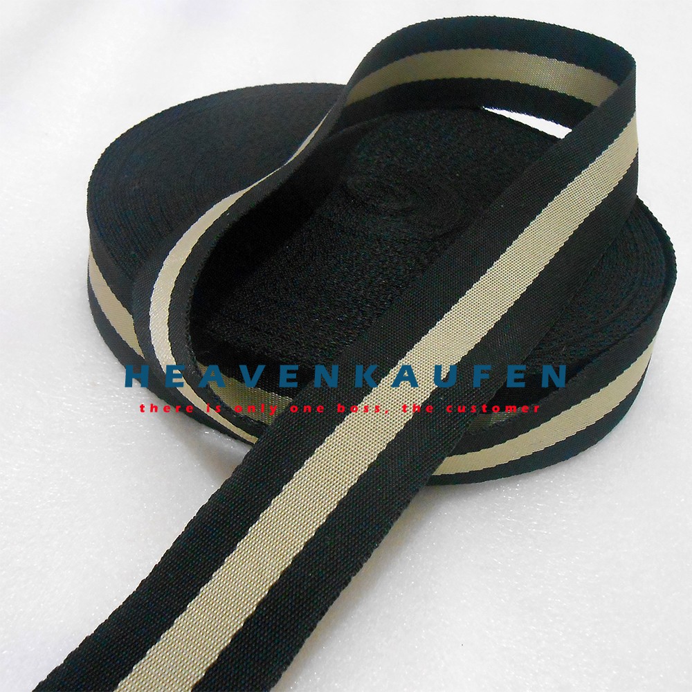 Webbing Tas Motif Hitam Strip Cream 3,8 cm Meteran