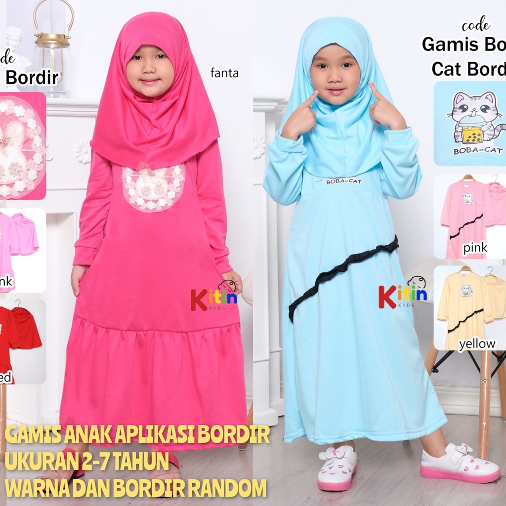GS - GAMIS ANAK SET HIJAB 2-7 TAHUN/ BAJU MUSLIM NGAJI ANAK PEREMPUAN MOTIF BORDIR KUCING BOBA BUBBL