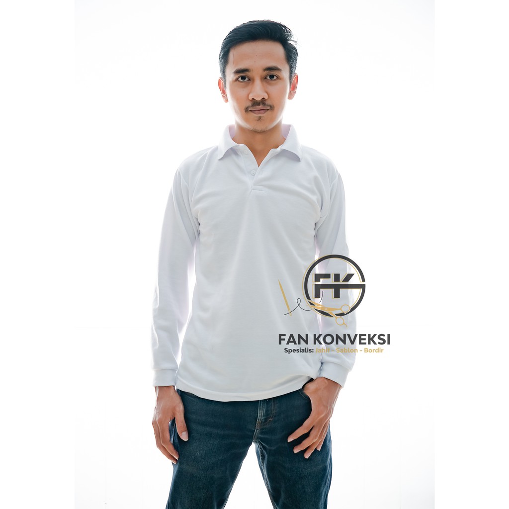 Polo Shirt Lengan Panjang Putih Cowok Cewek / Polo Polos / Baju Polo Polos / Baju Seragam
