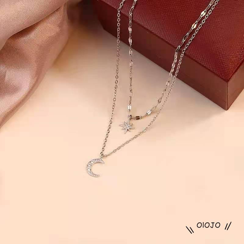 Kalung Rantai Double Layer Bentuk Bulan Bintang Untuk Wanita ol2