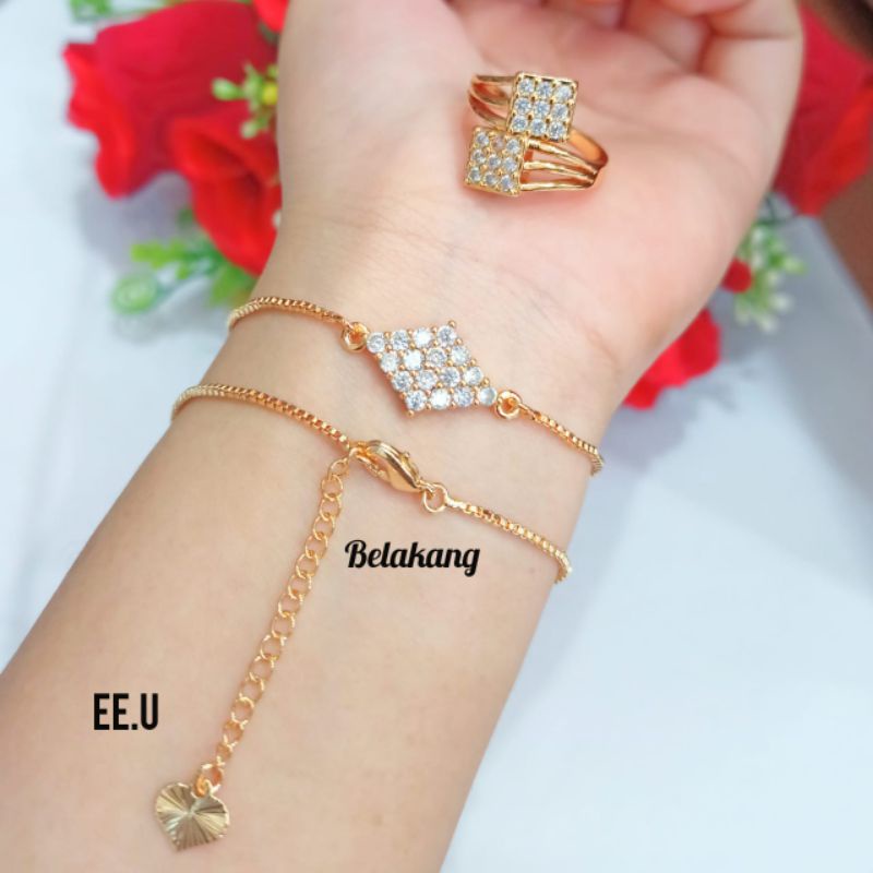 Gelang Rantai itali plat FREE cincin motif full permata zircon,gold tidak karat *COD*