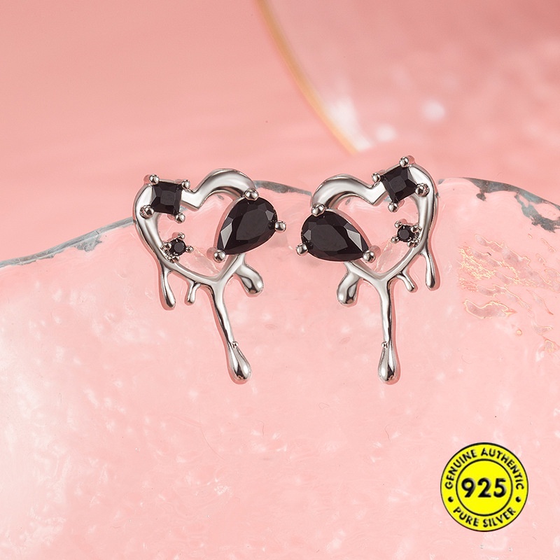 Anting Tusuk Sterling Silver 925 Desain Hati Hias Berlian Hitam Untuk Wanita