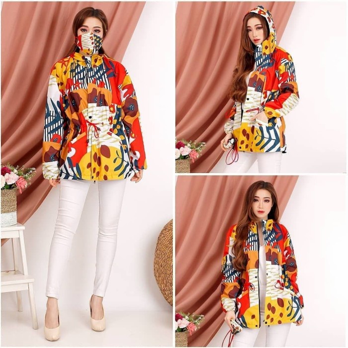 jaket wanita jaket parasut wanita printing motif baru - putih kuning parka terbaru korea sweater cro