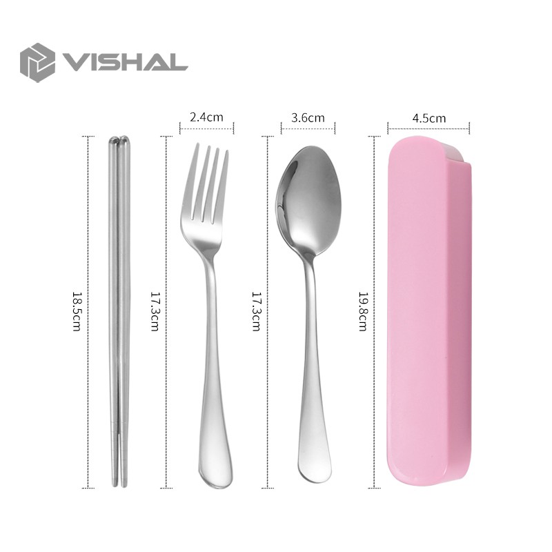 VISHAL 3Pcs Set Makan Sendok Garpu Sumpit/Stainless Steel Spoon Fork Chopsticks Bepergian Peralatan