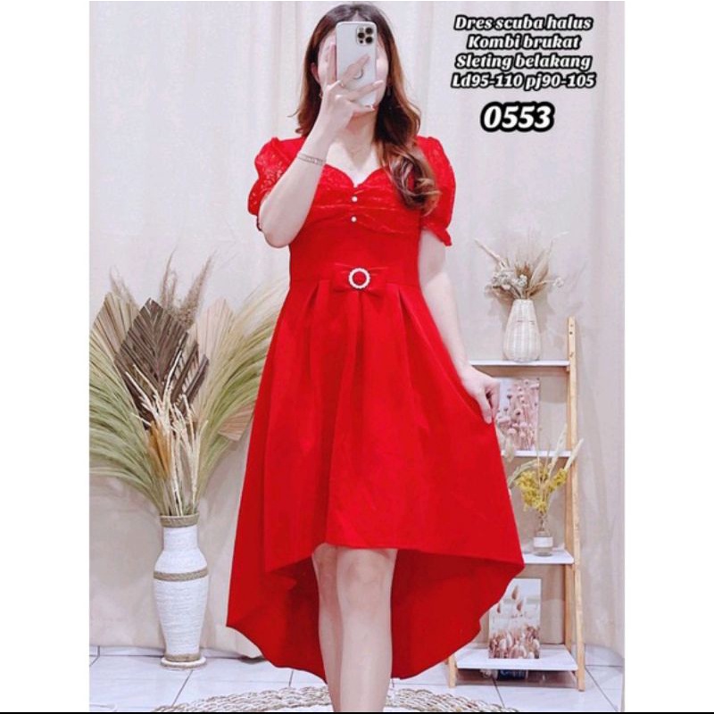 DRESS MERAH EDISI IMLEK#BAHAN SCUBA MIX BRUKAT#MERAH#IMLEK#DRESS#FASHION#WANITA#