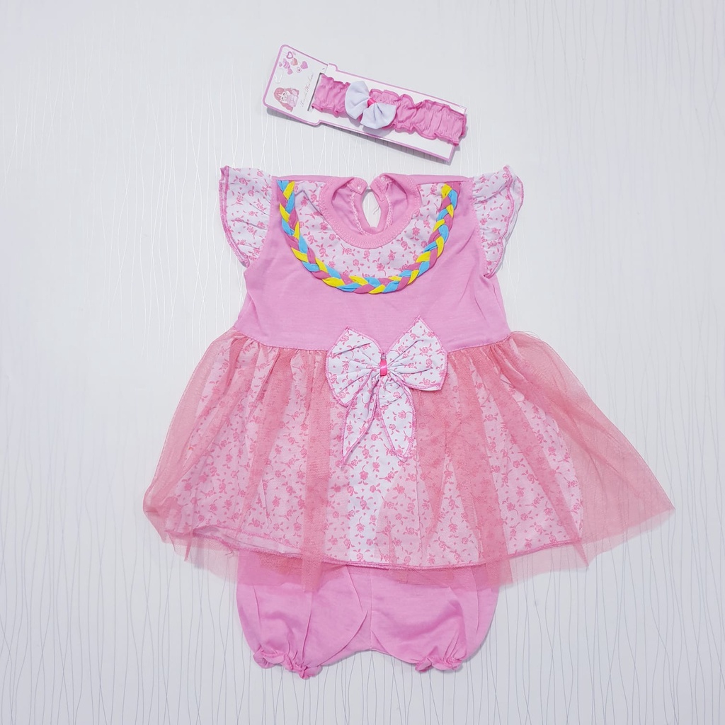 Dress Bayi Motif Kepang Free Headband Anak Usia 0-6 Bulan Baju Baby Gracia