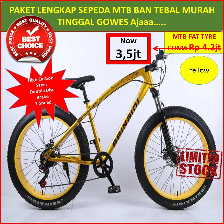 MURAH Paket Lengkap Sepeda MTB BEINAIDI Fat Tyre HIGH CARBON STEEL 7 Speed