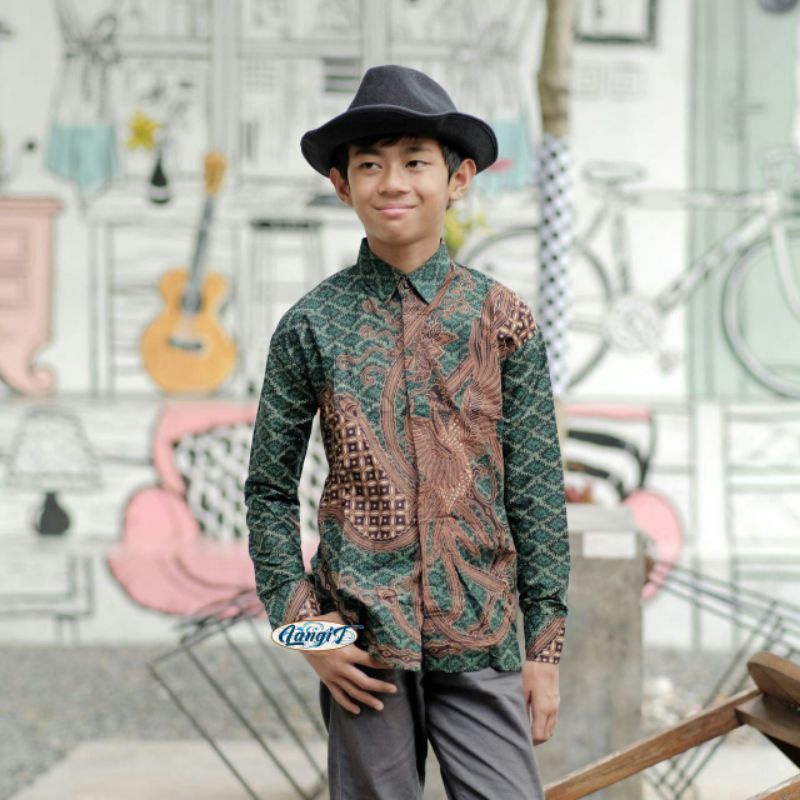 Baju Batik Anak Laki-Laki Kemeja Batik Anak Lengan Panjang Terbaru Motif Phonix Hijau