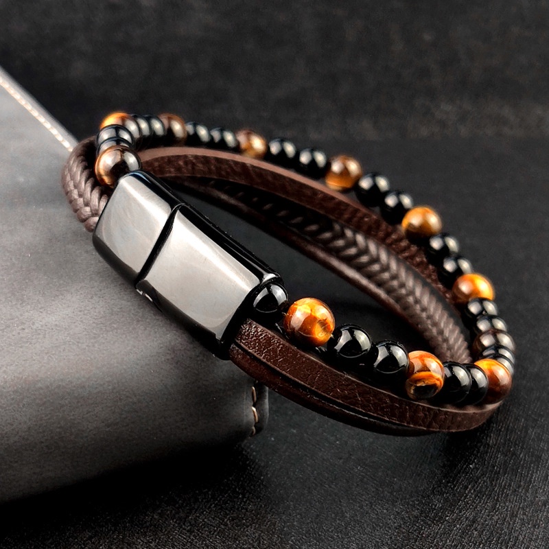 Fashion Trend Men's Vintage Leather with Tiger Eye Stone 4 Layer Bracelet Business Simple Style Accessories Special Gift