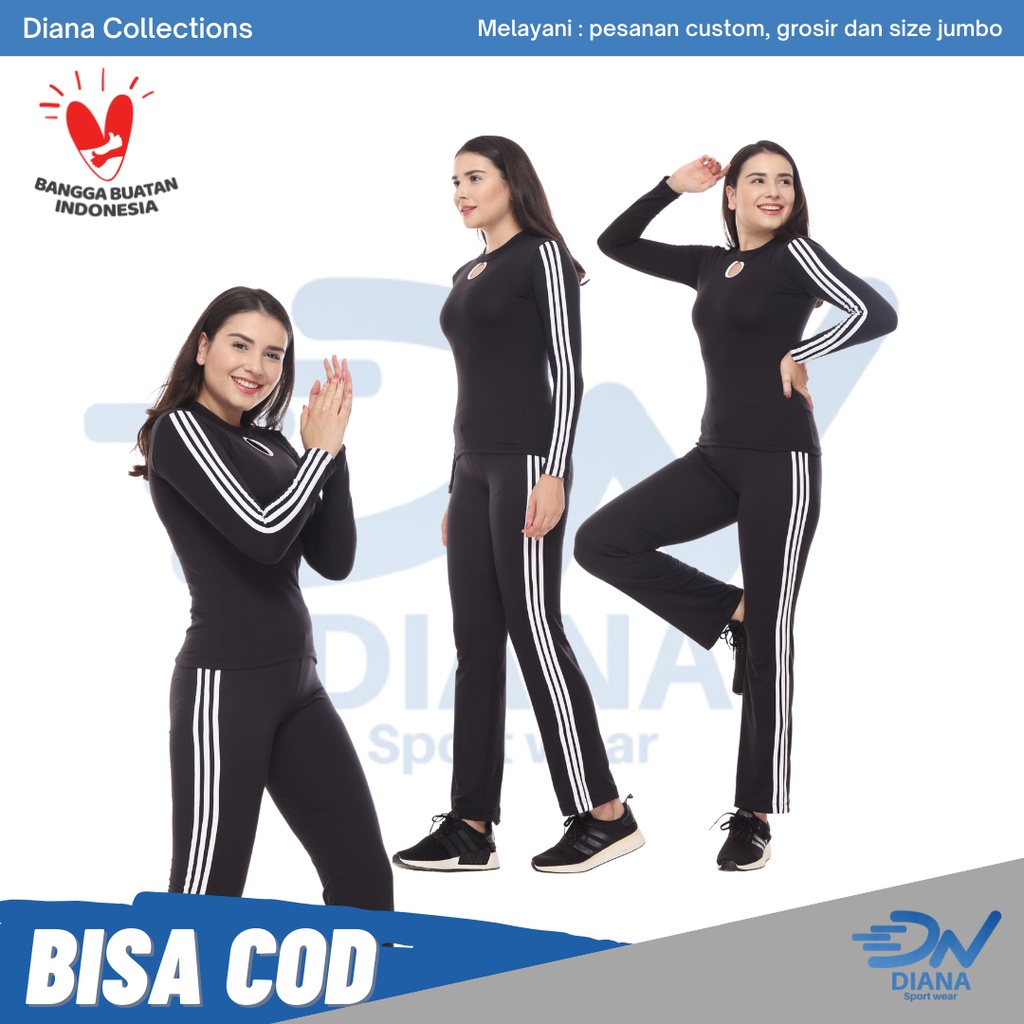 Baju senam set jumbo pakaian olahraga wanita panjang baju aerobic hitam