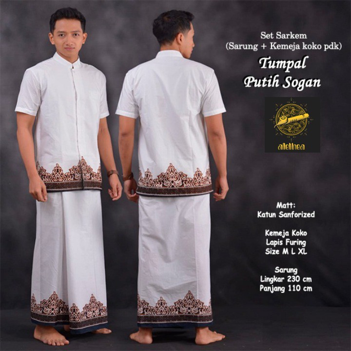 TUMPAL PUTIH SOGAN Baju Kemeja KOKO dan Sarung Batik Pria Dewasa Premium Lebaran Asli Solo ALETHEA