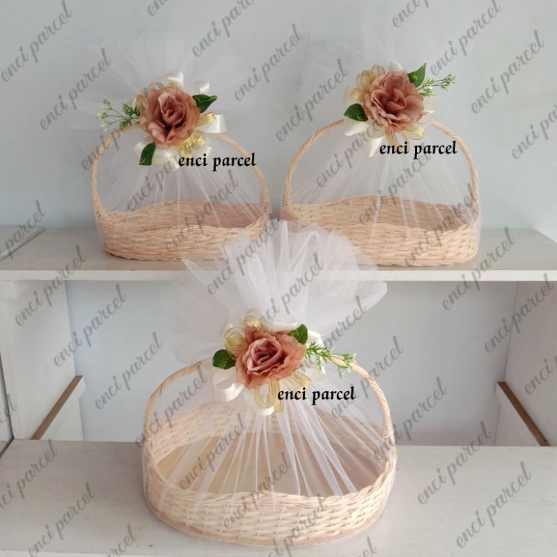 Keranjang Rotan oval 1set 3pcs parcel hantaran seserahan jinjing lamaran pernikahan rustic bungkus kain tile dan bunga