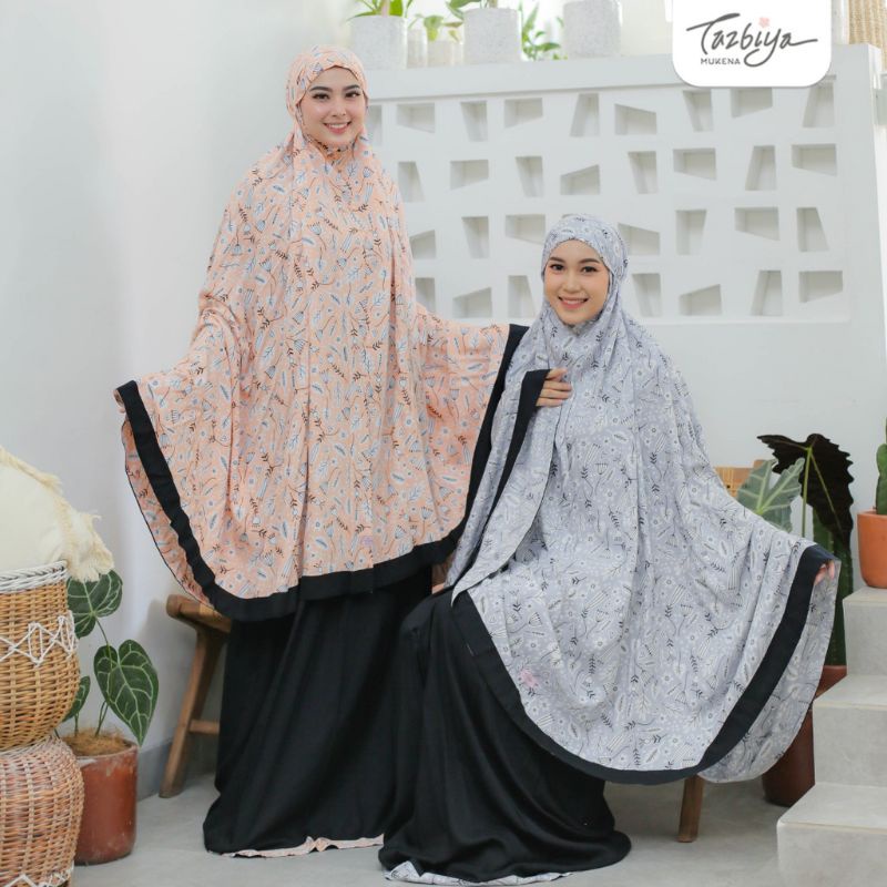 Mukena Tazbiya Angel Daisy Grey Blue Cream Jumbo Dewasa Katun Rayon Adem Motif Cantik Treveling