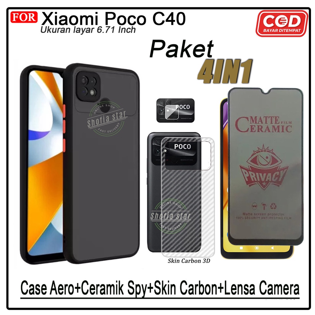 PAKET 4IN1 Case Xiaomi Poco C40 Softcase Aero Dove Black Transparan Protect Camera Premium Casing