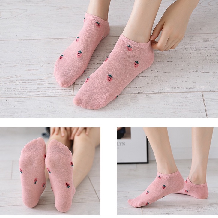 JOS1450 Kaos Kaki Wanita Motif Pink Buah Garis Kaos Kaki Wanita