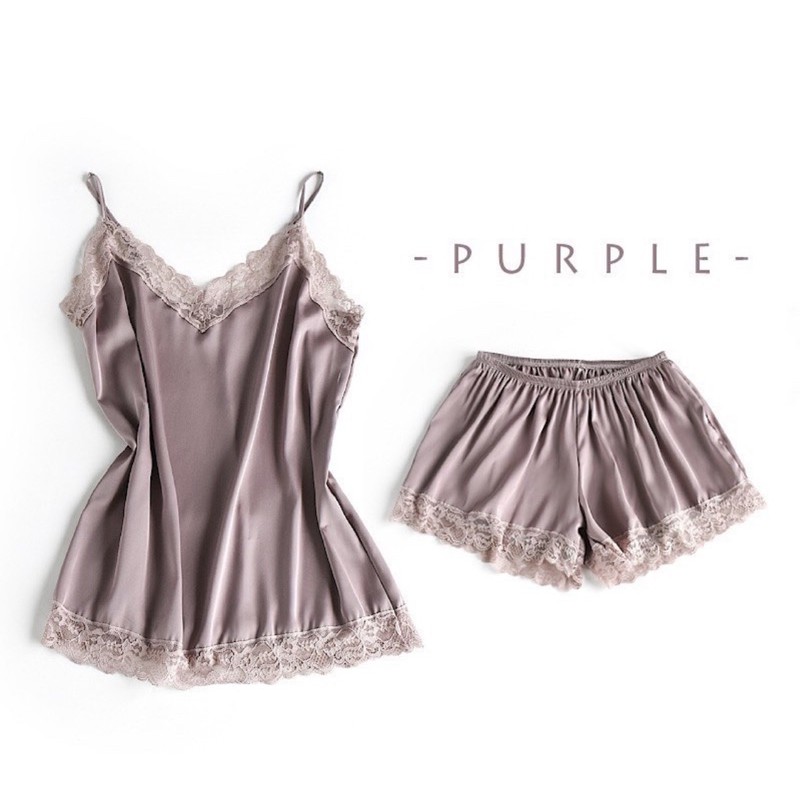 Setelan Piyama Baju Tidur Wanita Camisole Silk Satin 085 085 Polos Elegan Adem Silky Premium Quality-085 Purple