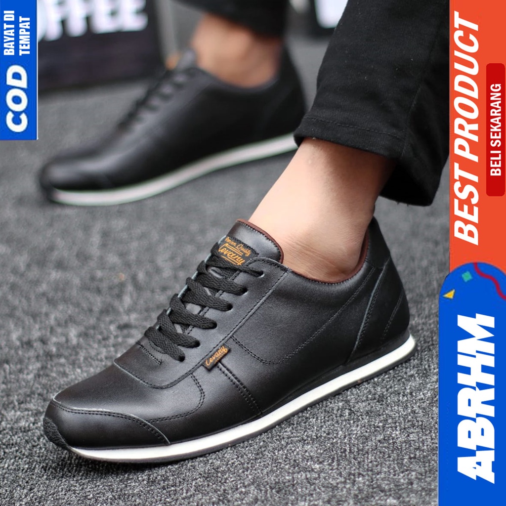 Sepatu Sneakers Kulit Asli Kerja Hitam Pria Santai ABRHM MORLEY