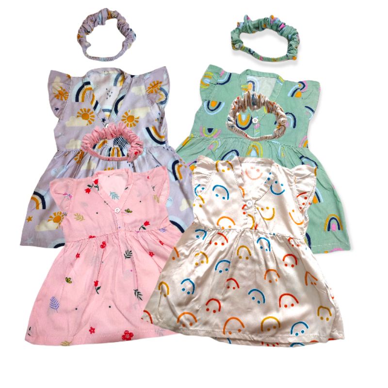 dress bayi rayon fuji bonus headband scrunchie  0-12 bulan