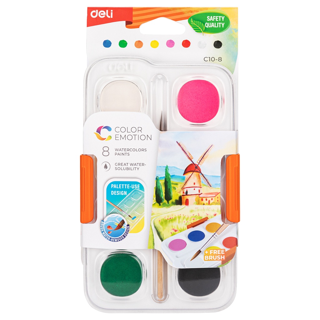 HAPPY TIME DELI WATERCOLOR PAINT CAT AIR PADAT 8 WARNA DENGAN BOX + KUAS ALAT EMNGGAMBAR MEWARNAI ALAT TULIS SEKOLAH EC10-8