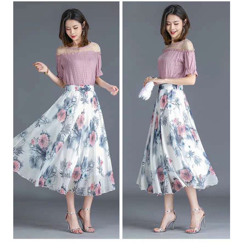 slim-fit  sifon bunga rok panjang rok pinggang tinggi A- line rok rok casual