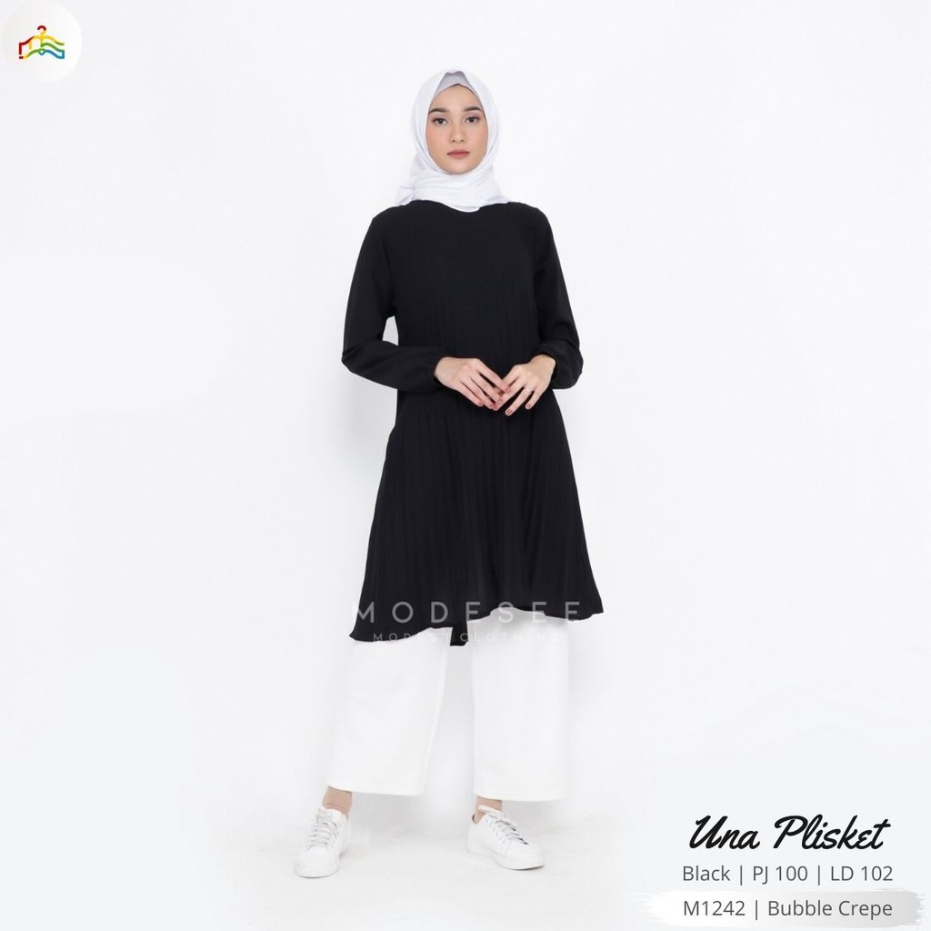 Modesee - Tunik Hitam Polos Wanita Musli, Tunik Plisket Una , Atasan Plisket, Tunik Plisket Polos