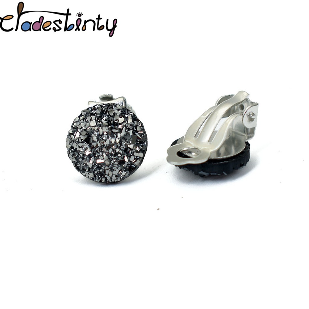 Chadestinty Anting Klip Tanpa Tindik Bentuk Bulat Bahan Resin Warna Silver / Biru / Putih Untuk Wanita