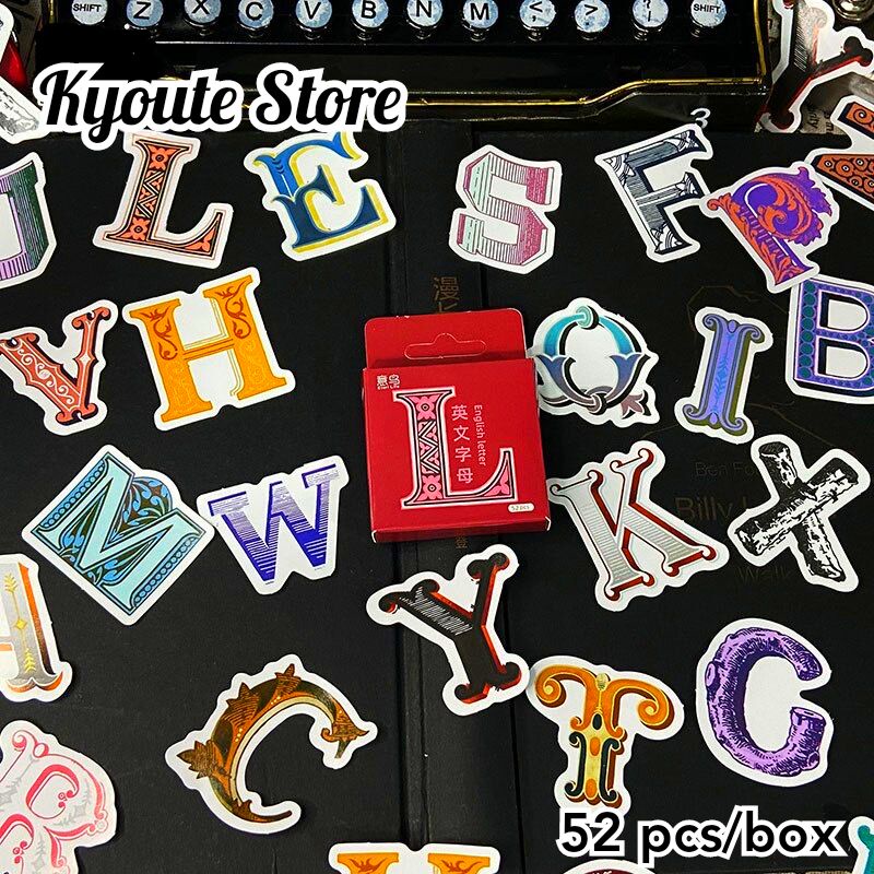 

52 pcs Sticker Alphabet Huruf Alfabet Vintage Retro Tipografi Dekorasi Scrapbook DIY Bujo Journal Planner Letter Seal