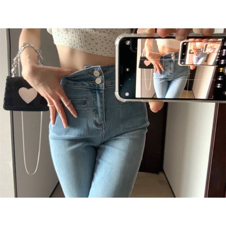 Suhao Biru Muda Retro Jeans Wanita Musim Panas Slim Pinggang Tinggi Tipis Mengepel Celana Kecil Micr