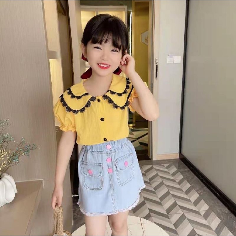 Setelan Rok Anak Perempuan Import Premium Two Renda Bars Denim 2-6 Tahun