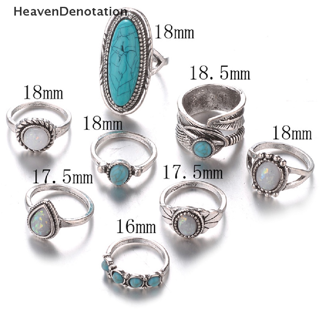 [HeavenDenotation] 8PCS/Set Bohemian Women Silver Turquoise Finger Rings Opal  Rings Wedding Gift