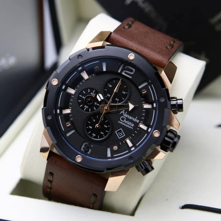 Alexandre Christie AC6410 Original Jam Tangan Pria Kulit Coklat Rose Black