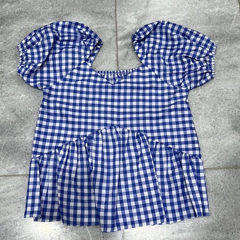 Ara Top - Blouse Lengan Balon / Blouse Katun / Blouse kotak / Atasan Katun / Atasan Wanita Blouse-Biru